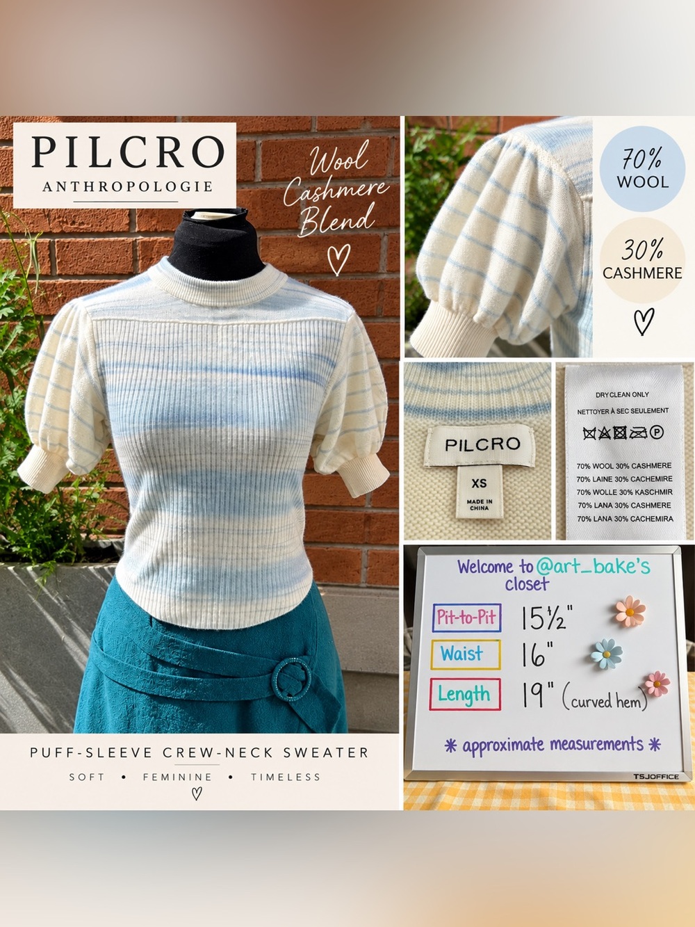 Pilcro Anthropologie Wool Cashmere Puff Sleeve Sweater Blue XS